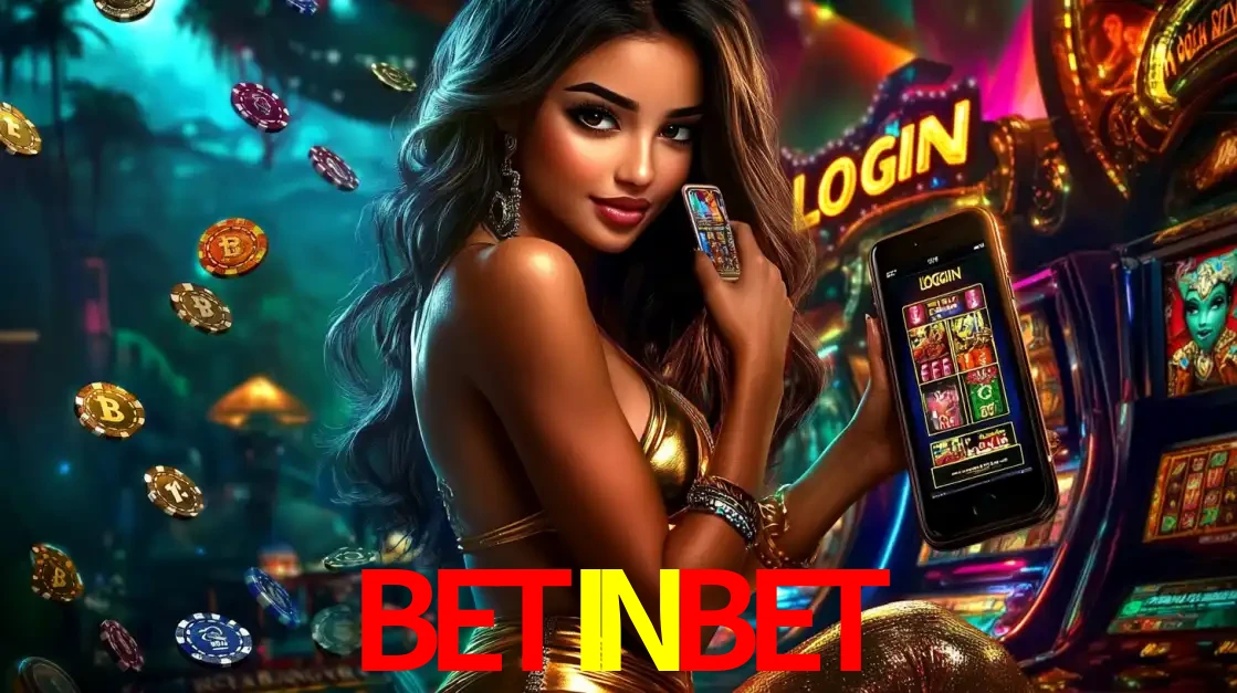 Mulher em um cenário de cassino temático de aventura, mostrando o app de caça-níqueis da BETINBET no celular. Fichas de apostas flutuam ao redor.