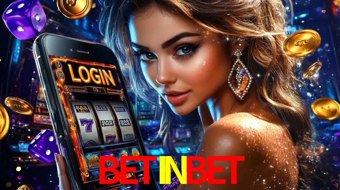 Mulher glamorosa segurando um smartphone com a tela de login para os jogos de caça-níqueis do cassino online BETINBET, com moedas de ouro e dados ao redor.