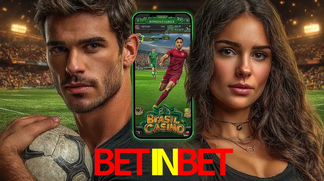 Homem segurando uma bola de futebol e uma mulher ao lado de um smartphone exibindo o jogo de apostas esportivas da BETINBET. Faça seu palpite no cassino online.
